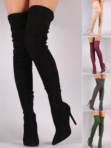 Bottes hautes noires à bout pointu en daim au-dessus du genou Bottes élastiques - milanoo.com - Modalova