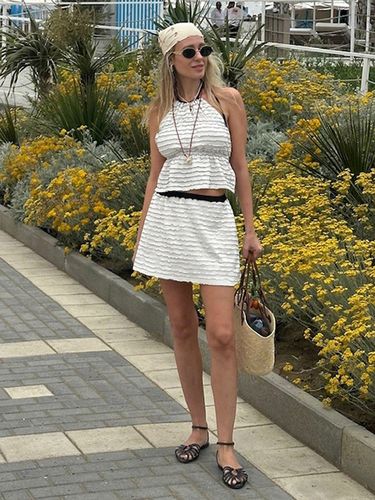 Ensemble deux pièces à rayures chics col rond jupe sans manches - milanoo.com - Modalova