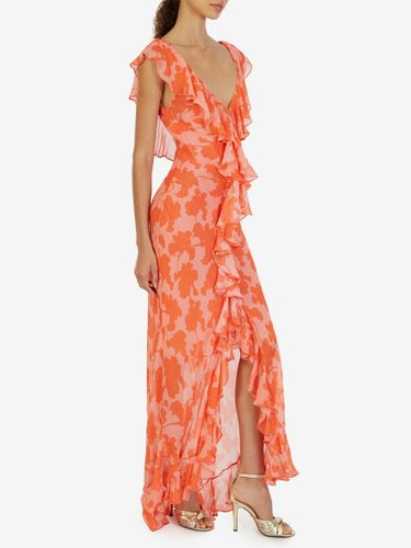 Robe de vacances maxi dos nu à volants plissée manches courtes imprimé floral col V manches pétales robe orange chic - milanoo.com - Modalova