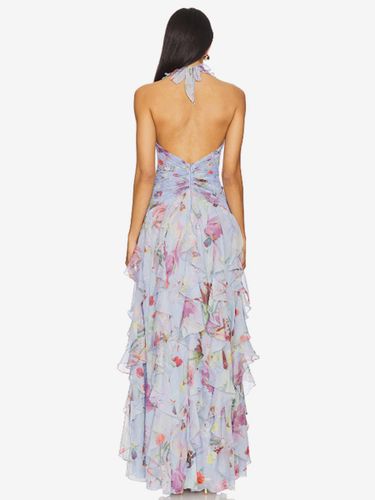 Robe de vacances maxi dos nu lacé plissée sans manches à imprimé floral col V gris clair - milanoo.com - Modalova