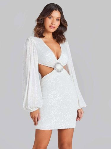 Robe de soirée mini blanche à sequins col V manches longues croisées bouffantes style décontracté/semi-formel - milanoo.com - Modalova
