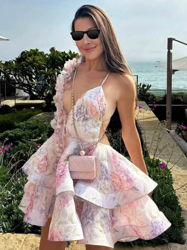 Robe de vacances mini dos nu à fleurs lacée sans manches imprimé floral col en V rose décontracté - milanoo.com - Modalova