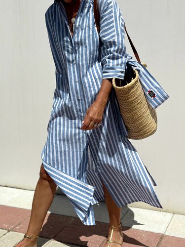 Robe-chemise imprimée - Kaftan midi décontracté à col boutonné et taille nouée - Collection été 2026 - milanoo.com - Modalova