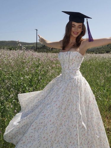 Robe longue bustier à bretelles spaghetti et imprimé floral discret style trapèze idéale pour une soirée romantique - milanoo.com - Modalova