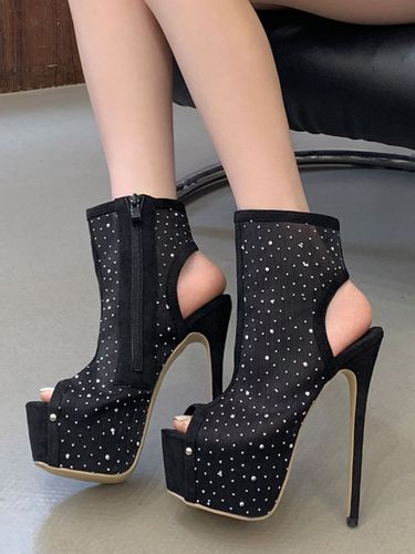 Bottines sexys plateforme en résille bout ouvert strass talons hauts - milanoo.com - Modalova