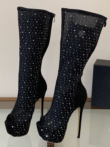 Bottes hautes en résille à plateforme bout ouvert et talons hauts ornés de strass - milanoo.com - Modalova