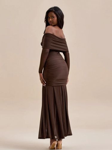Robe de soirée maxi rouge à épaules dénudées plissée manches longues élégante et semi-formelle - milanoo.com - Modalova