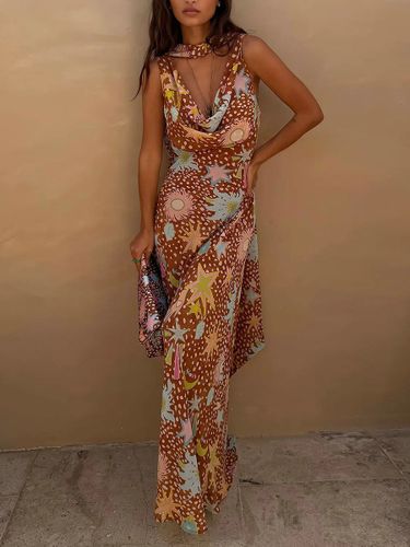Robe de vacances maxi dos nu sans manches à imprimé floral et col bénitier marron chic - milanoo.com - Modalova