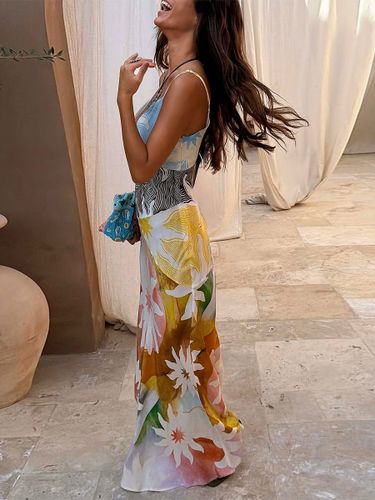 Robe de vacances maxi dos nu sans manches à imprimé floral et col en V chic - milanoo.com - Modalova