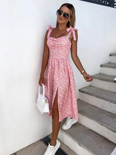 Robe midi rose en lycra spandex dos nu sans manches à fleurs et taille naturelle ornée de fleurs - milanoo.com - Modalova