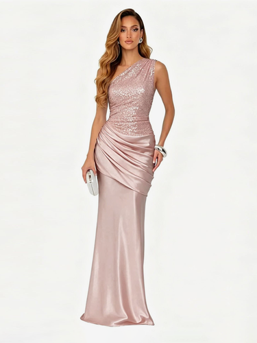 Robe de soirée asymétrique en satin à sequins robe sirène maxi taille froncée longueur au sol robe de bal formelle - milanoo.com - Modalova