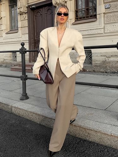 Veste blazer péplum sans manches à col en V et boutonnage nacré à une rangée de boutons - milanoo.com - Modalova