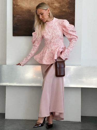 Blouse texturée en jacquard à manches bouffantes col montant taille péplum ourlet évasé - milanoo.com - Modalova
