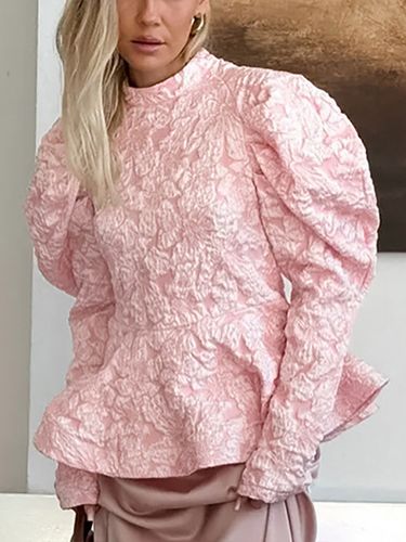 Blouse texturée en jacquard à manches bouffantes col montant taille péplum ourlet évasé - milanoo.com - Modalova