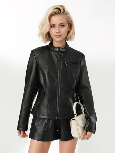 Veste en cuir à col montant et fermeture éclair coupe ajustée poche latérale zippée extérieur uni - milanoo.com - Modalova