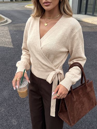 Pull couleur col en V lacé manches longues style lanterne - milanoo.com - Modalova
