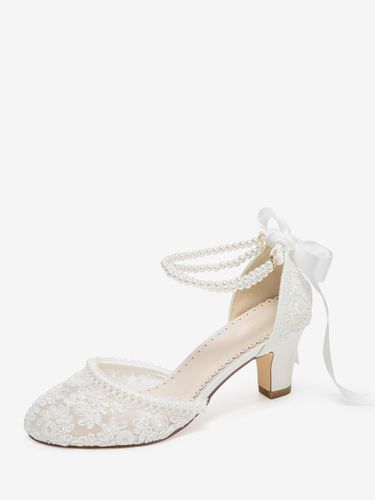 Chaussures de mariée en dentelle bout rond détails perles bride cheville - milanoo.com - Modalova