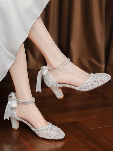 Chaussures de mariée en dentelle bout rond détails perles bride cheville - milanoo.com - Modalova