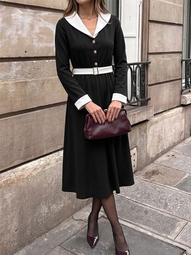 Robe de soirée romantique à revers blancs contrastés coupe trapèze manches longues taille boutonnée style vintage - milanoo.com - Modalova