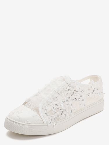 Chaussures de mariée plates à bout rond ornées de perles et lacées style baskets décontractées - milanoo.com - Modalova