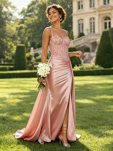 Robe de bal sirène en satin vert olive bretelles spaghetti corset transparent orné de perles fente haute longue robe de soirée - milanoo.com - Modalova