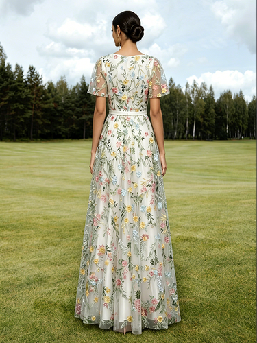 Robe longue de soirée lilas poudré en tulle brodé de fleurs col V manches courtes papillon coupe trapèze robe d'invitée de mariage - milanoo.com - Modalova