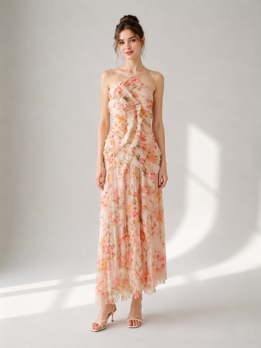 Robe de soirée élégante maxi asymétrique plissée à volants sans manches à imprimé floral et dos nu - milanoo.com - Modalova