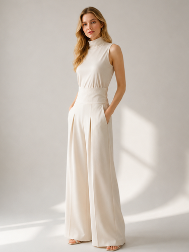 Ensembles deux pièces : pantalon et robe maxi écru blanc à col montant sans manches élégants - milanoo.com - Modalova