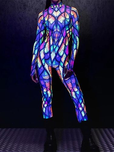 Combinaison moulante à manches longues zippée et col montant imprimée vitrail arc-en-ciel avec UV fluorescent style Zentai idéale pour les festiva - milanoo.com - Modalova