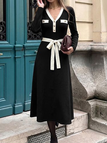 Robe pull longue Daily Dresses col color block maille côtelée taille cintrée nœud papillon - milanoo.com - Modalova