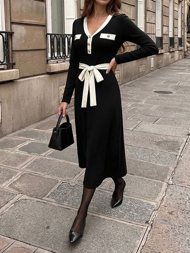Robe pull longue Daily Dresses col color block maille côtelée taille cintrée nœud papillon - milanoo.com - Modalova