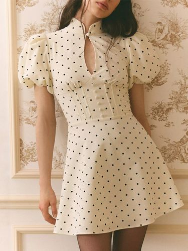 Robe mini évasée à pois col mandarin et manches bouffantes idéale pour un rendez-vous galant - milanoo.com - Modalova