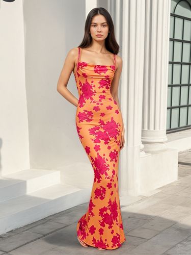 Robe de soirée longue sirène à col bénitier et bretelles spaghetti fleuries lacée - milanoo.com - Modalova