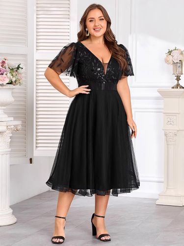 Robe midi grande taille à col en V sequins à feuilles et manches papillon en tulle robe de cocktail - milanoo.com - Modalova