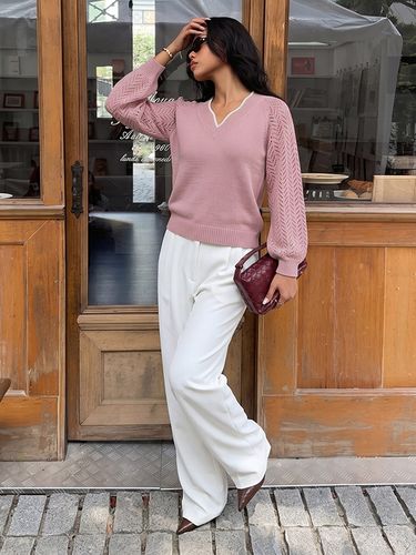 Pull à col V en maille ajourée et finitions contrastées manches raglan longues style décontracté - milanoo.com - Modalova