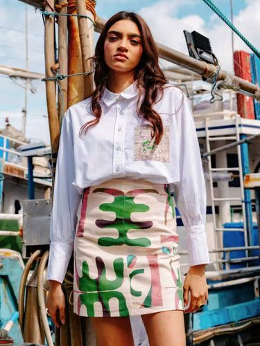 Chemisier court à boutons chemise patchwork à poches et manches bouffantes - milanoo.com - Modalova