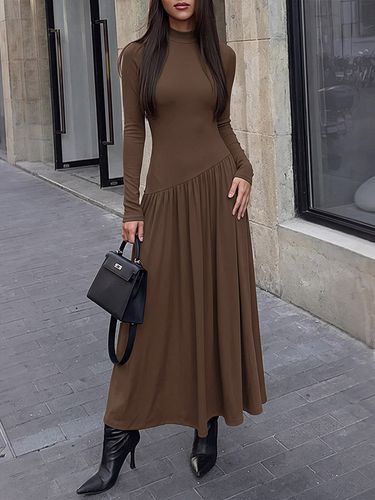 Robe longue fluide à col montant et maille côtelée Daily Dresses manches longues empiècement asymétrique - milanoo.com - Modalova