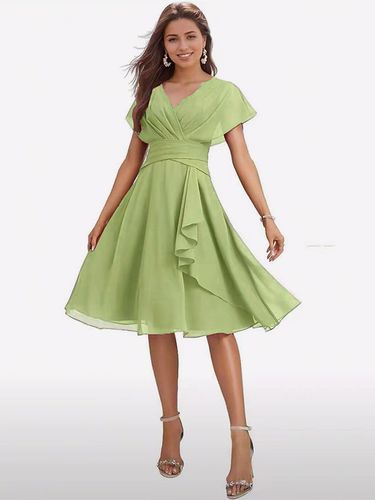 Robe de soirée midi en mousseline à col V manches papillon taille froncée et ourlet à volants - milanoo.com - Modalova