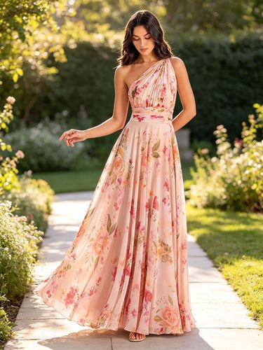Robe de demoiselle d'honneur à fleurs robe longue asymétrique en mousseline de soie robe d'invitée de mariage - milanoo.com - Modalova
