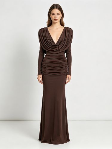 Robe de soirée sexy robe de bal col en V manches longues plissées robe de fête - milanoo.com - Modalova