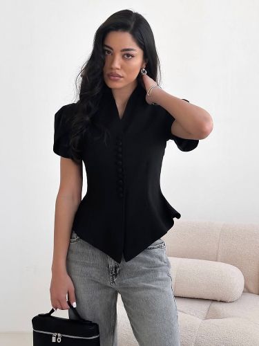 Chemisier péplum à col montant manches bouffantes courtes col rond taille cintrée - milanoo.com - Modalova