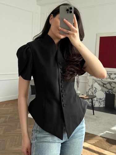 Chemisier péplum à col montant manches bouffantes courtes col rond taille cintrée - milanoo.com - Modalova