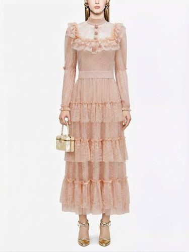 Robe de soirée longue maxi à col montant en dentelle et manches longues à volants style victorien vintage - milanoo.com - Modalova