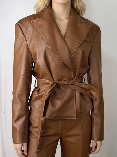 Veste courte en similicuir à revers et ceinture style motard avec ceinture à nouer à la taille - milanoo.com - Modalova