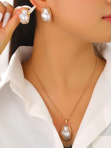 Ensemble de bijoux baroques en perles irrégulières boucles d'oreilles collier et bague ouverte en métal torsadé (3 pièces) - milanoo.com - Modalova