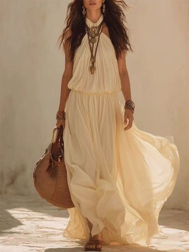 Robe de plage bohème dos nu taille élastique maxi robe fluide en mousseline style licou - milanoo.com - Modalova