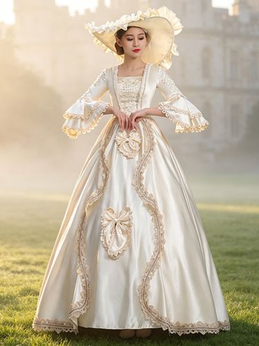 Robe de noblesse médiévale rococo robe de la reine Charlotte en dentelle champagne brodée avec nœud papillon - milanoo.com - Modalova