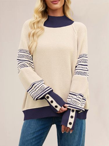 Pull oversize ample à col montant rayé en maille gaufrée et poignets boutonnés imprimé ethnique - milanoo.com - Modalova