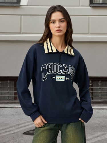 Sweat-shirt polo vintage à col rayé et demi-zip oversize - milanoo.com - Modalova