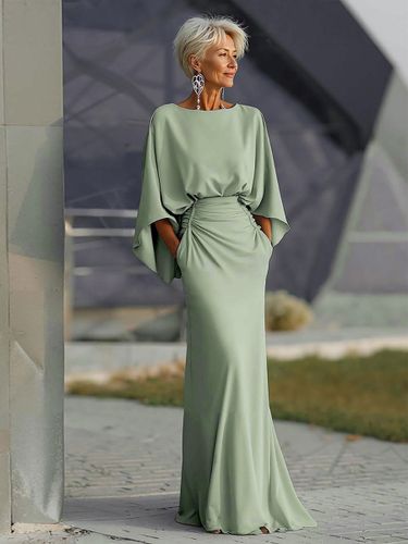 Robe de soirée pour la mère de la mariée col rond manches 3/4 robe de bal plissée avec traîne robe d'invitée pour un mariage - milanoo.com - Modalova